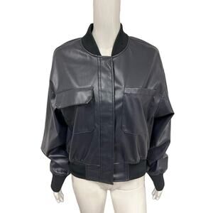 3.1 PHILIP LIM Navy Blue Vegan Leather Cropped Front Pocket Trim Bomber Jacket S